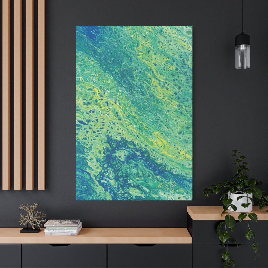 Moss Abstract Aqua Pour Canvas Print Teal & Lime Fluid Art Stretched Wall Art