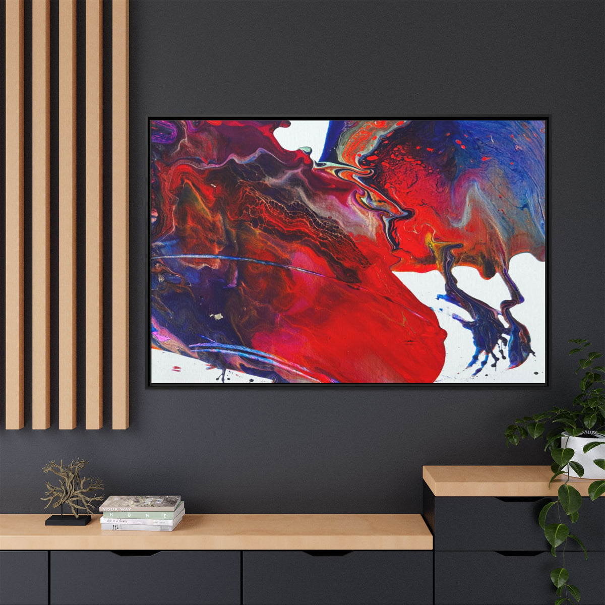 Universe Abstract Red & Blue Fluid Art Matte Canvas (Framed)