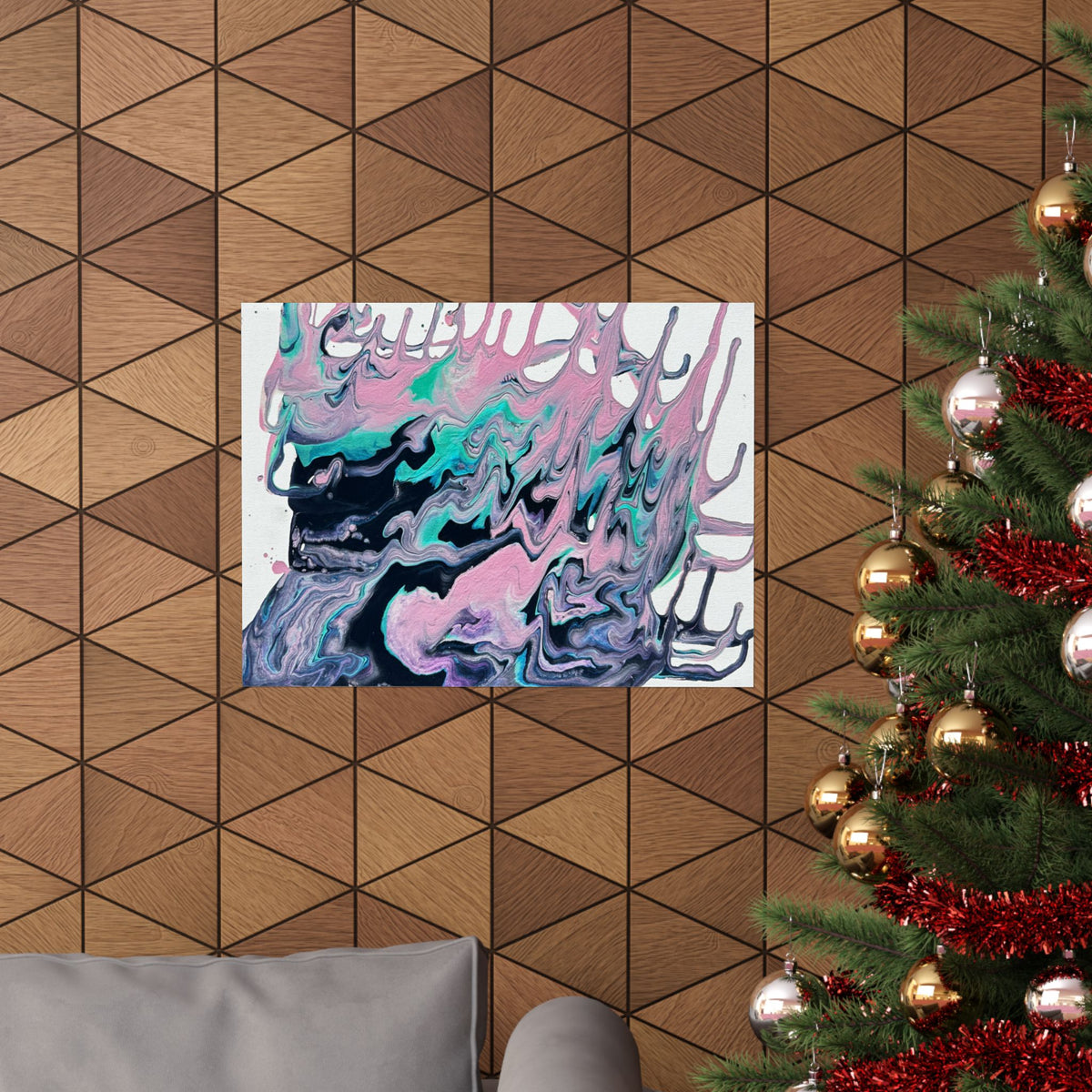 Abstract Fluid Art Poster Dripping Pink & Teal Matte Horizontal Print