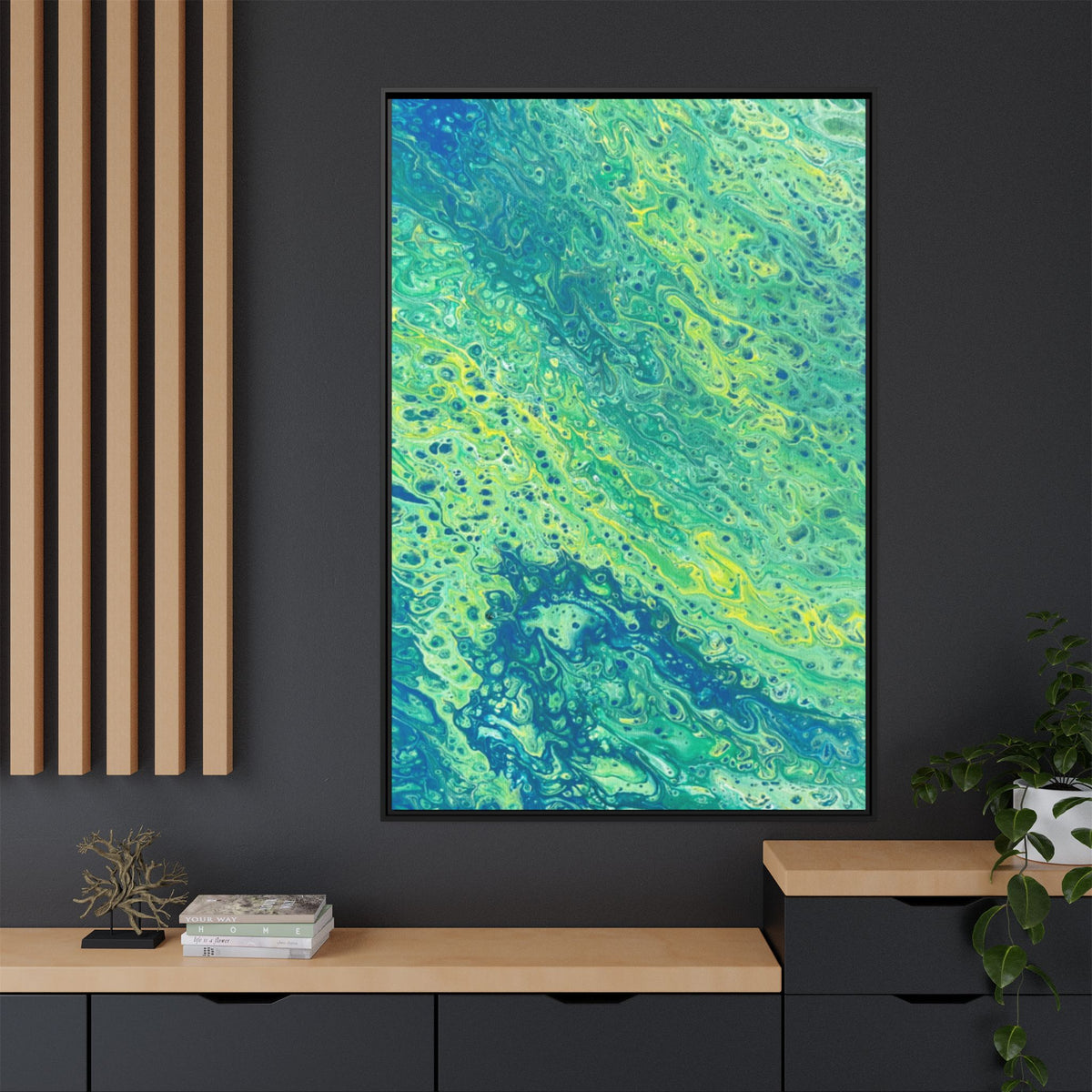 Abstract Teal & Lime Fluid Art Matte Canvas Print Framed Wall Art