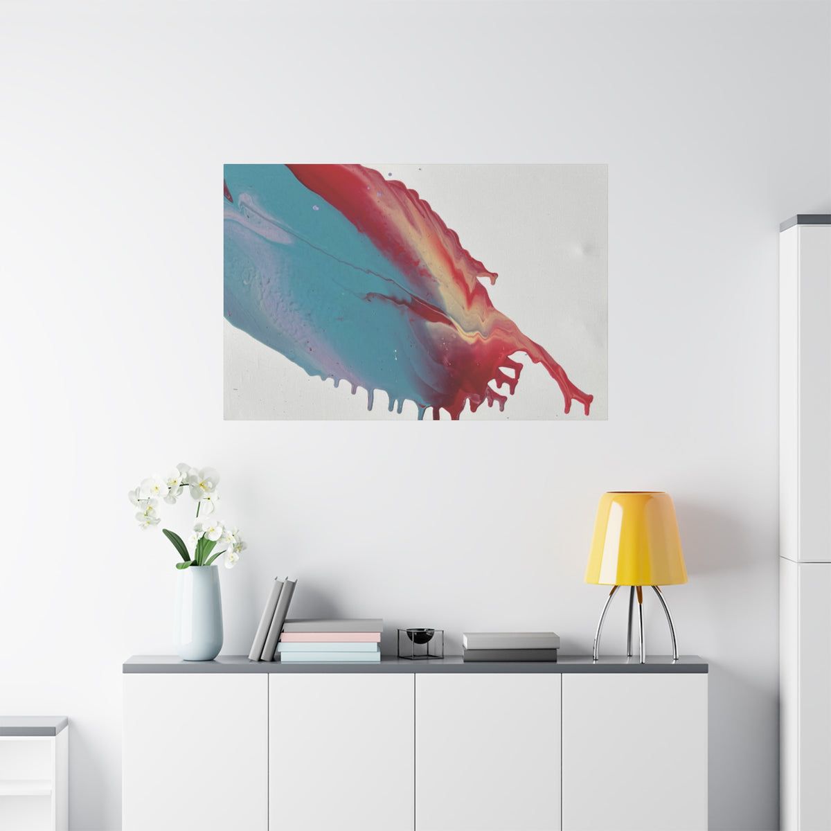 Ceiling Abstract Drip Matte Canvas Print (Blue & Red Fluid Art)