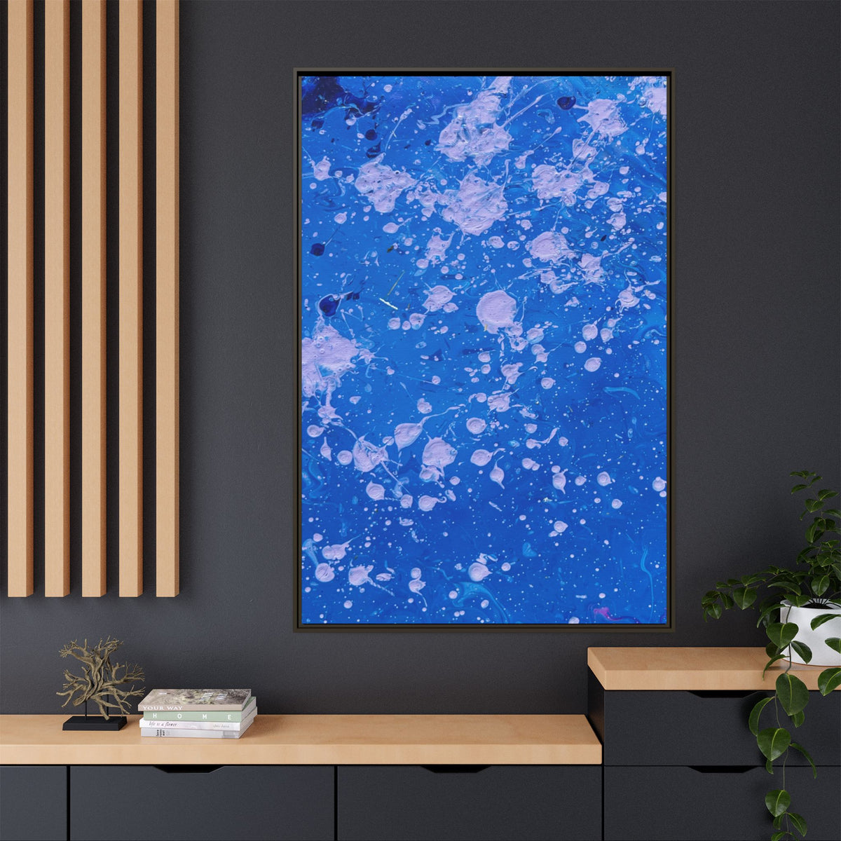 Abstract Blue Splatter Matte Canvas Print Dots (Framed)