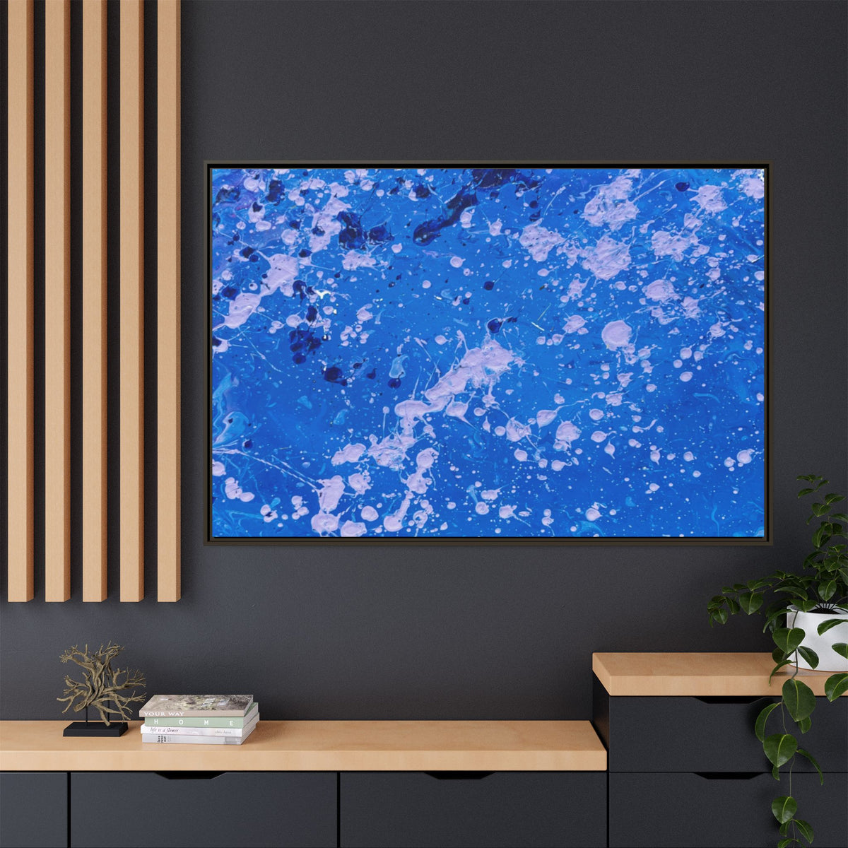 Abstract Blue Splatter Matte Canvas Print Dots (Framed)