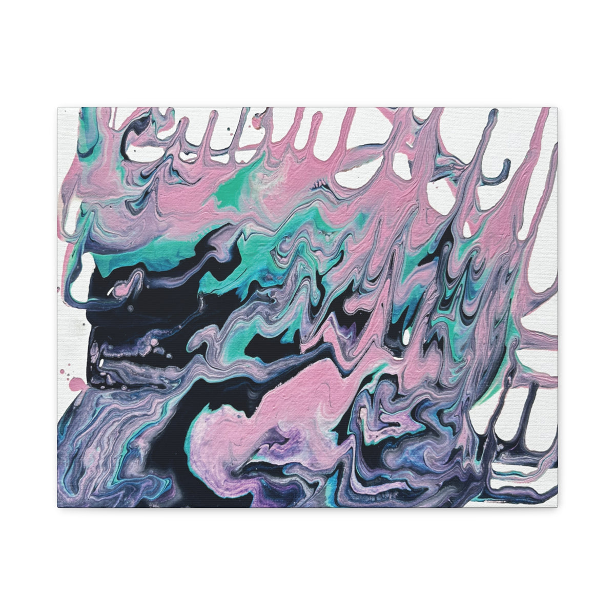 Dripping Abstract Pour Painting Canvas  Pink Teal Fluid Art Stretched Wall Decor