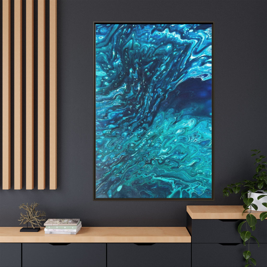 Framed Ocean Abstract Matte Canvas Art Turquoise Blue Fluid Painting