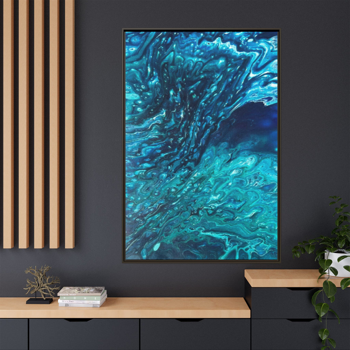 Framed Ocean Abstract Matte Canvas Art Turquoise Blue Fluid Painting