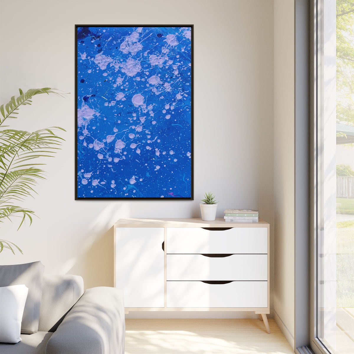 Abstract Blue Splatter Matte Canvas Print Dots (Framed)
