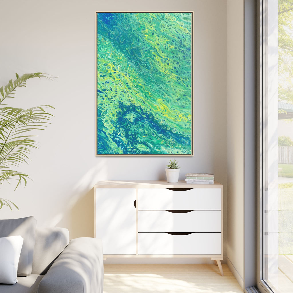 Abstract Teal & Lime Fluid Art Matte Canvas Print Framed Wall Art