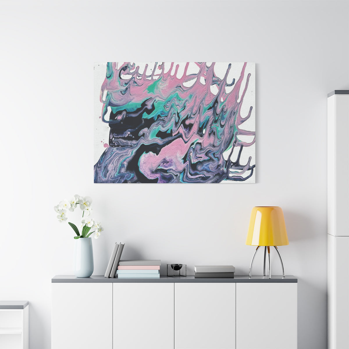 Dripping Abstract Pour Painting Canvas  Pink Teal Fluid Art Stretched Wall Decor