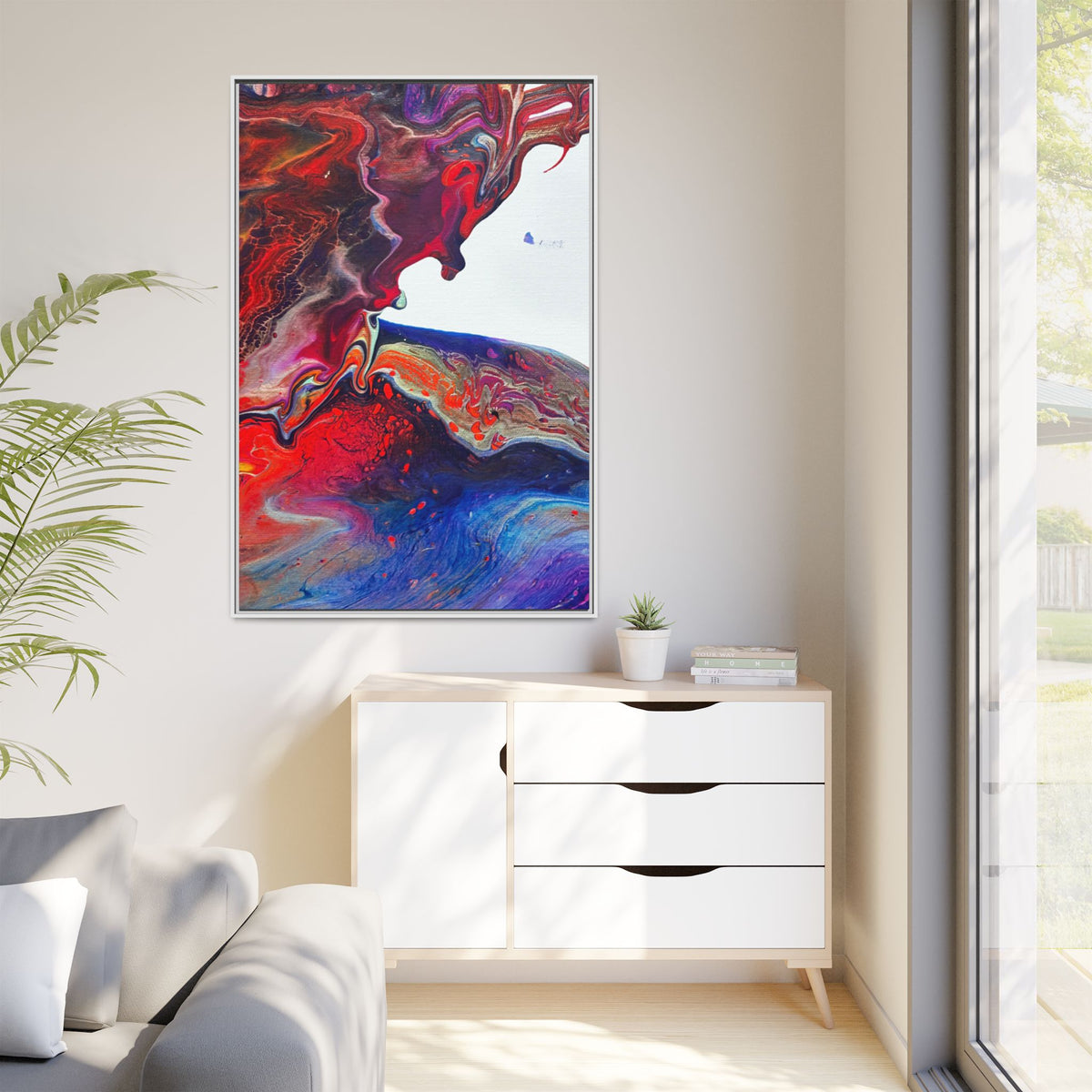 Universe Abstract Red & Blue Fluid Art Matte Canvas (Framed)