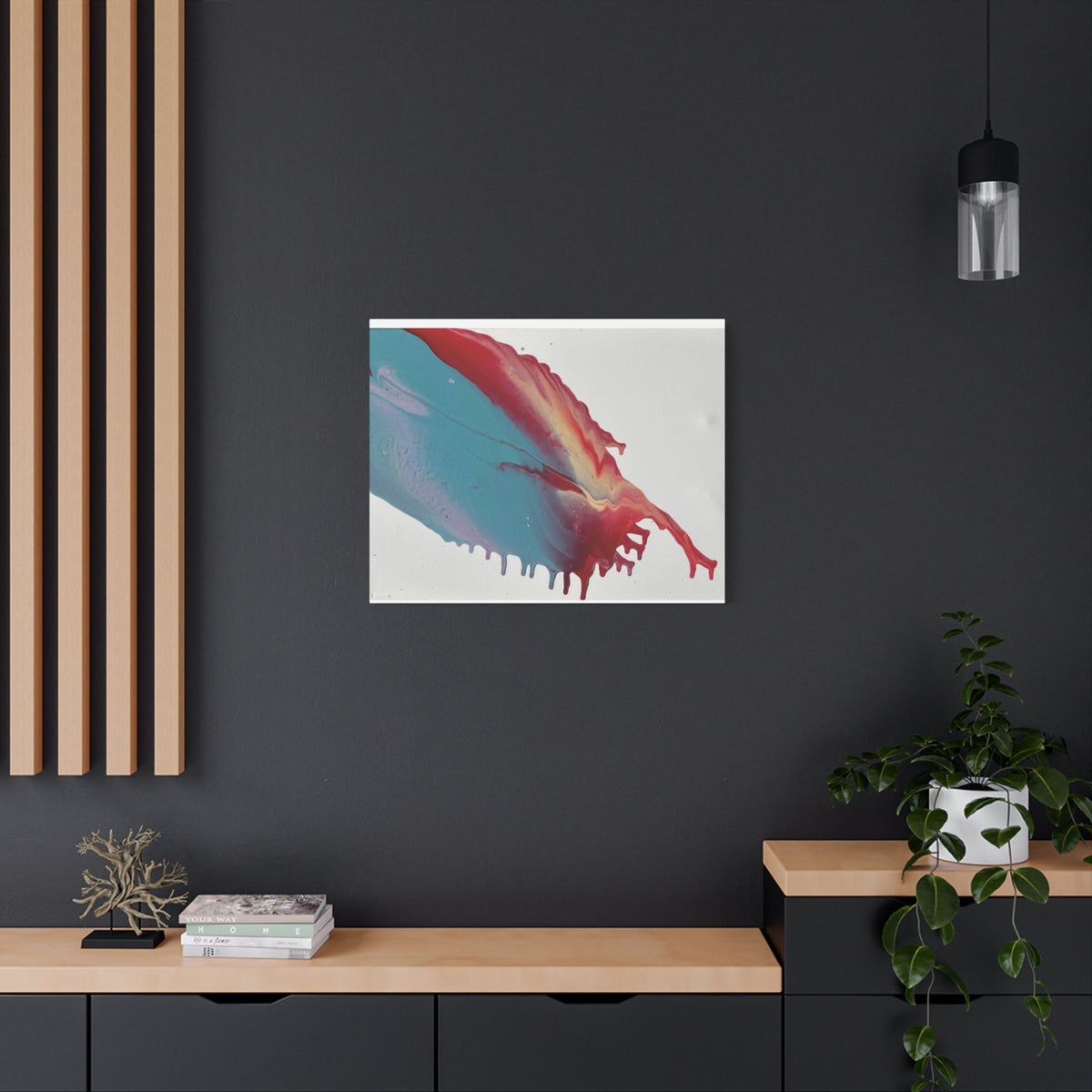 Ceiling Abstract Drip Matte Canvas Print (Blue & Red Fluid Art)