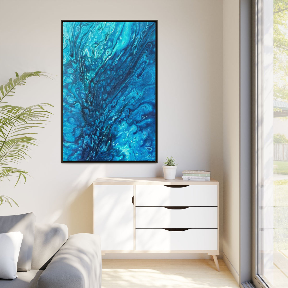Blue Abstract Ocean Flow Matte Canvas Framed Wall Art