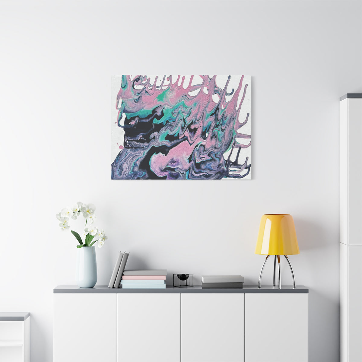 Dripping Abstract Pour Painting Canvas  Pink Teal Fluid Art Stretched Wall Decor