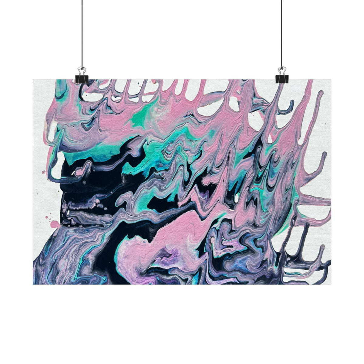 Abstract Fluid Art Poster Dripping Pink & Teal Matte Horizontal Print