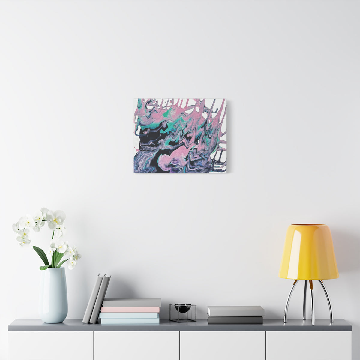 Dripping Abstract Pour Painting Canvas  Pink Teal Fluid Art Stretched Wall Decor