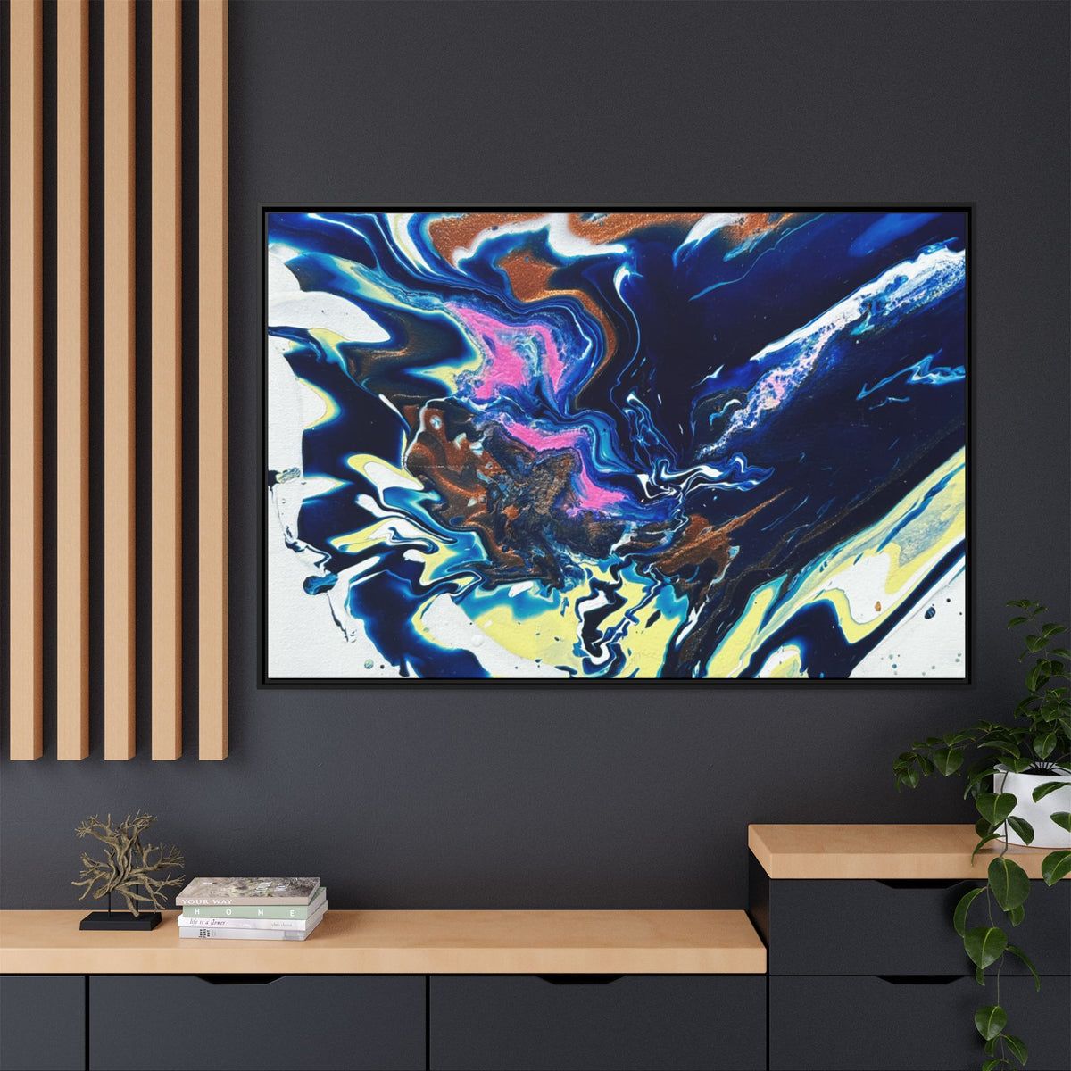 Framed Canvas Print Change Abstract Fluid Art (Blue Multicolor)