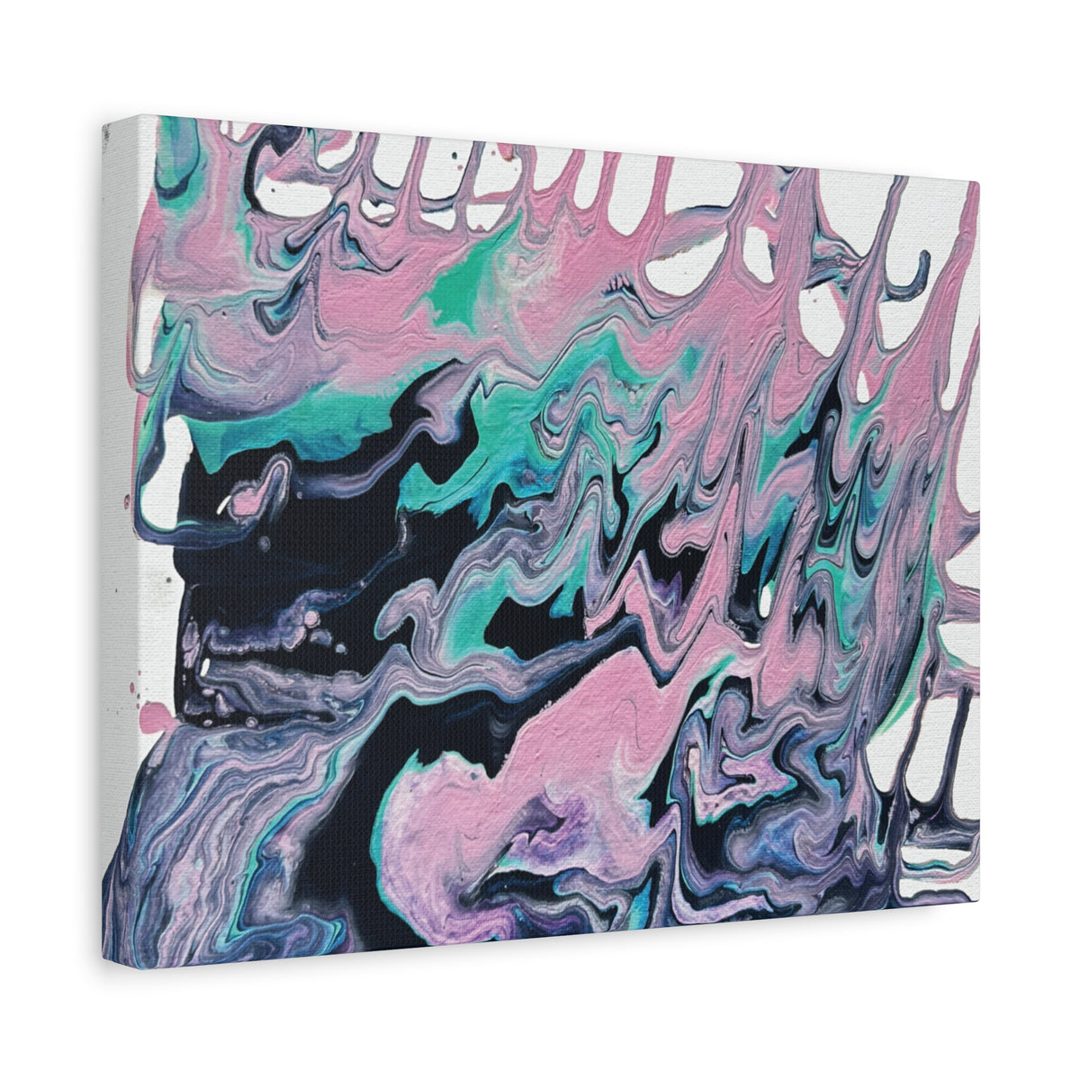 Dripping Abstract Pour Painting Canvas  Pink Teal Fluid Art Stretched Wall Decor