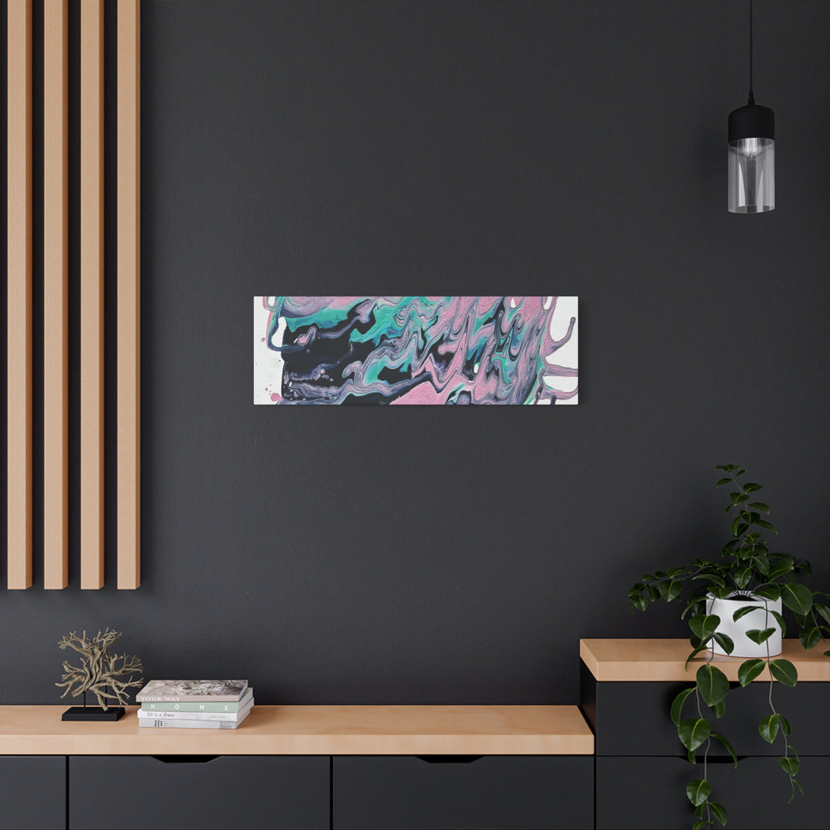 Dripping Abstract Pour Painting Canvas  Pink Teal Fluid Art Stretched Wall Decor