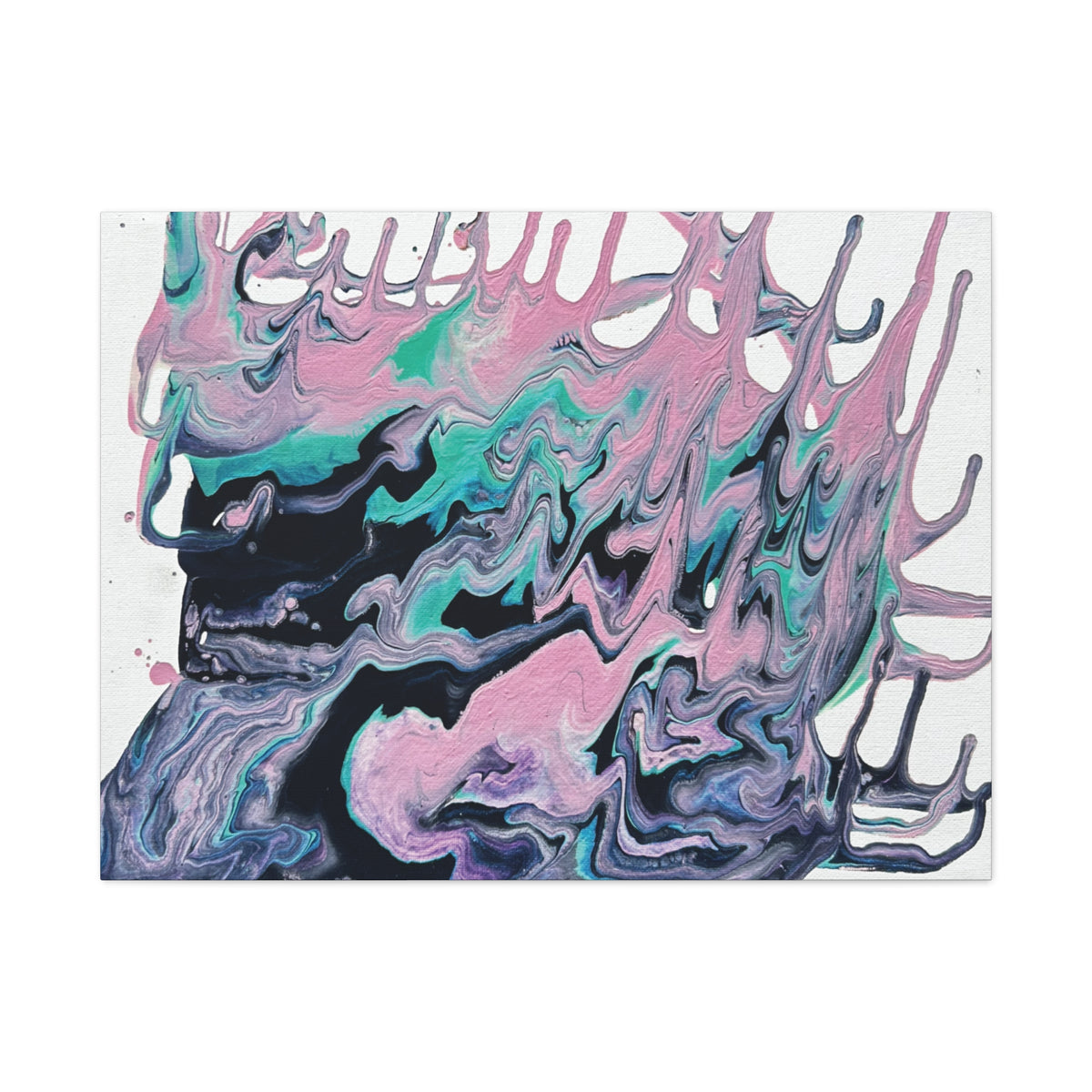 Dripping Abstract Pour Painting Canvas  Pink Teal Fluid Art Stretched Wall Decor