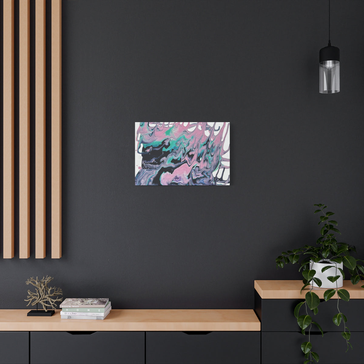 Dripping Abstract Pour Painting Canvas  Pink Teal Fluid Art Stretched Wall Decor