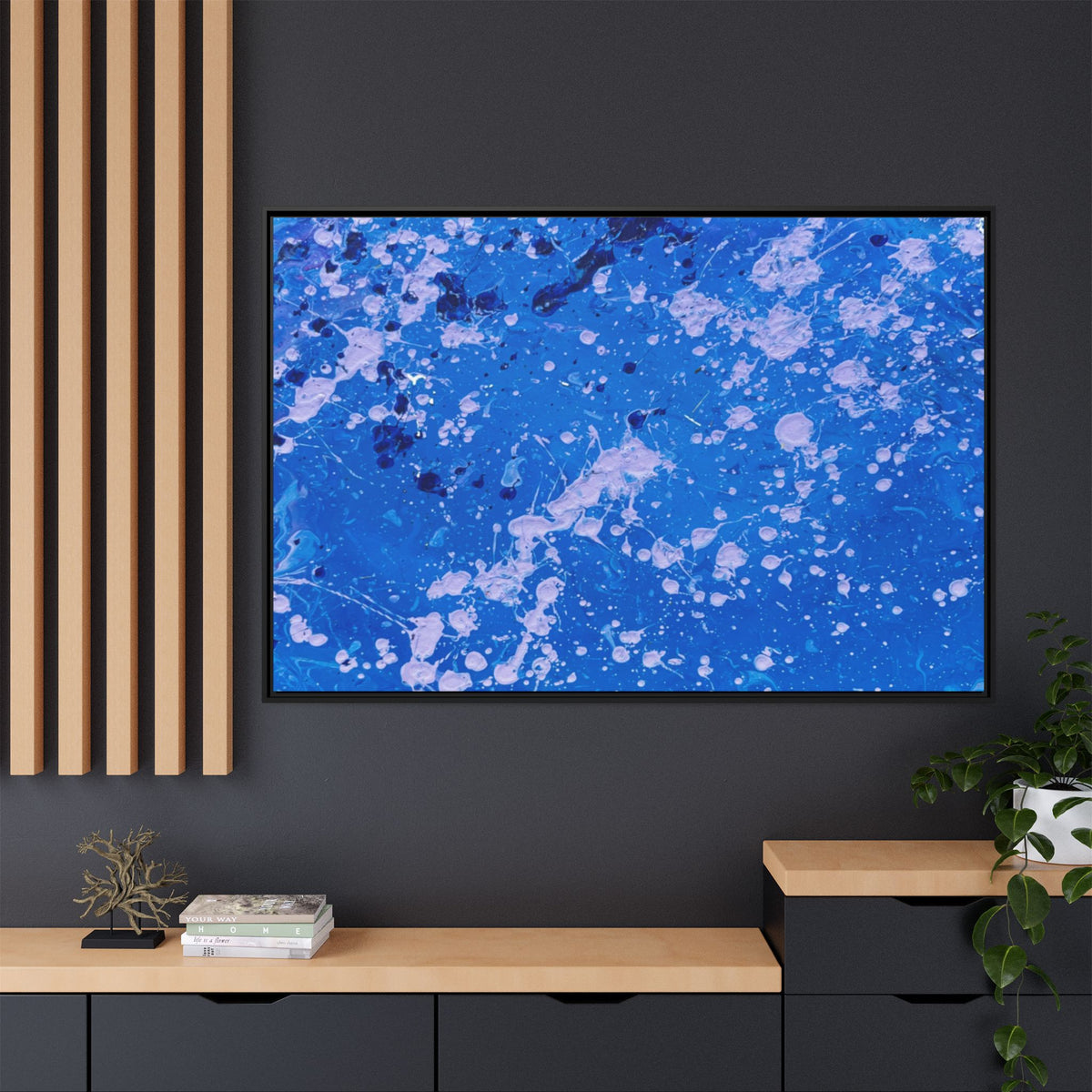 Abstract Blue Splatter Matte Canvas Print Dots (Framed)