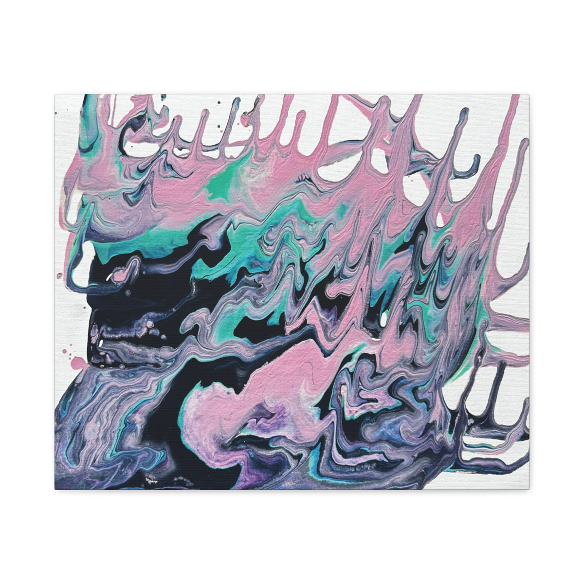Dripping Abstract Pour Painting Canvas  Pink Teal Fluid Art Stretched Wall Decor