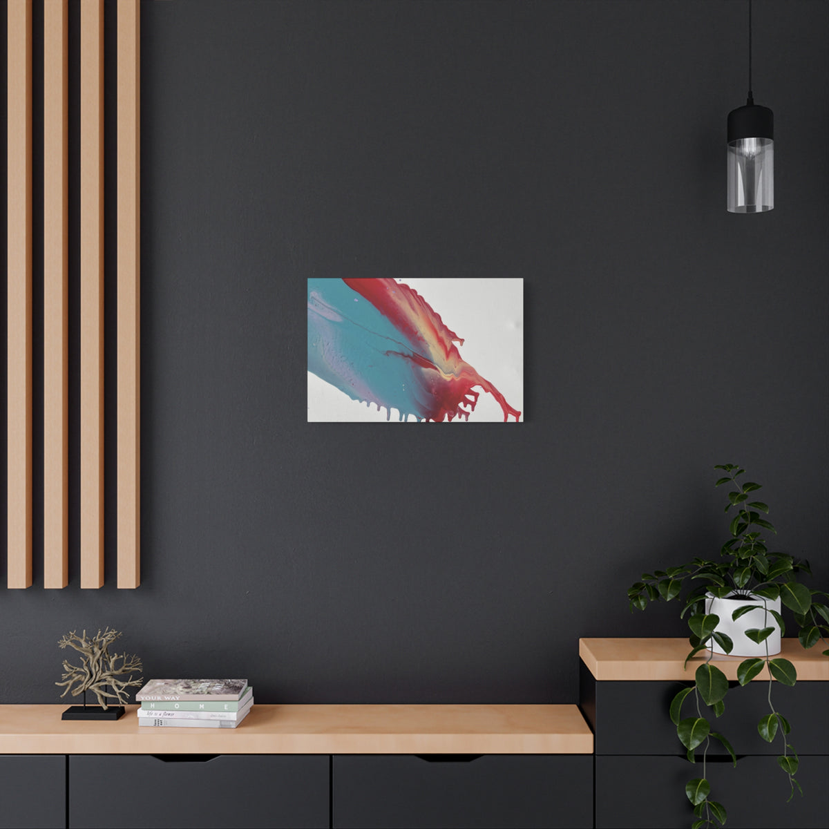 Ceiling Abstract Drip Matte Canvas Print (Blue & Red Fluid Art)