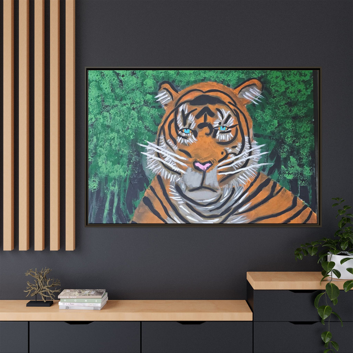 Framed Matte Canvas Tiger Portrait Whimsical Jungle Wall Art