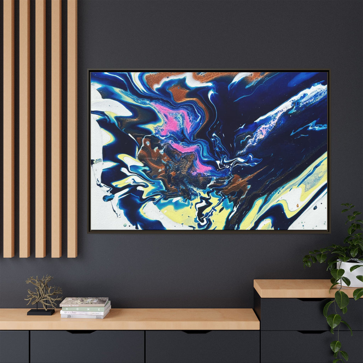 Framed Canvas Print Change Abstract Fluid Art (Blue Multicolor)