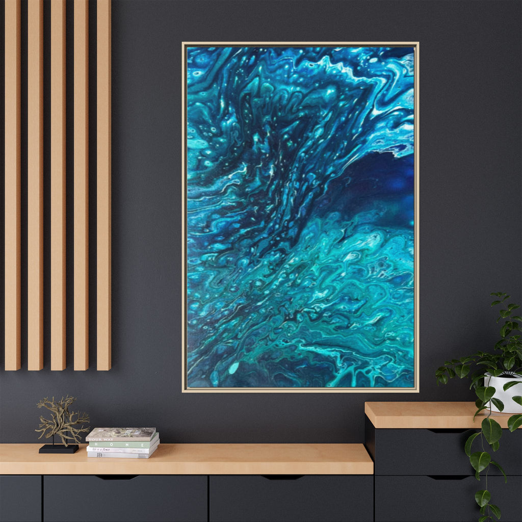 Framed Ocean Abstract Matte Canvas Art Turquoise Blue Fluid Painting