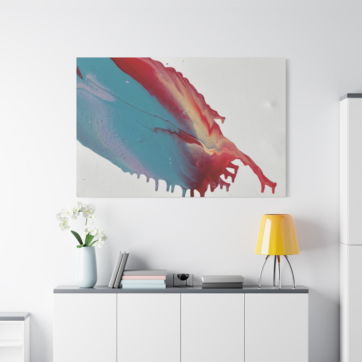 Ceiling Abstract Drip Matte Canvas Print (Blue & Red Fluid Art)