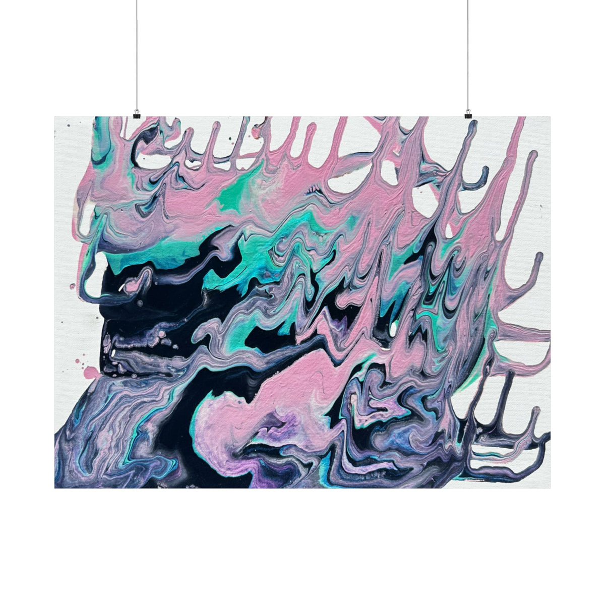 Abstract Fluid Art Poster Dripping Pink & Teal Matte Horizontal Print