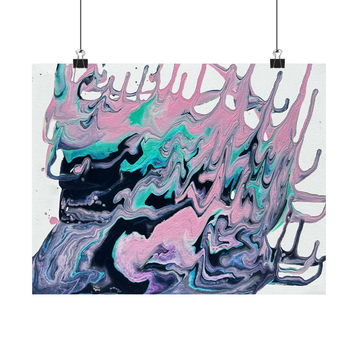 Abstract Fluid Art Poster Dripping Pink & Teal Matte Horizontal Print