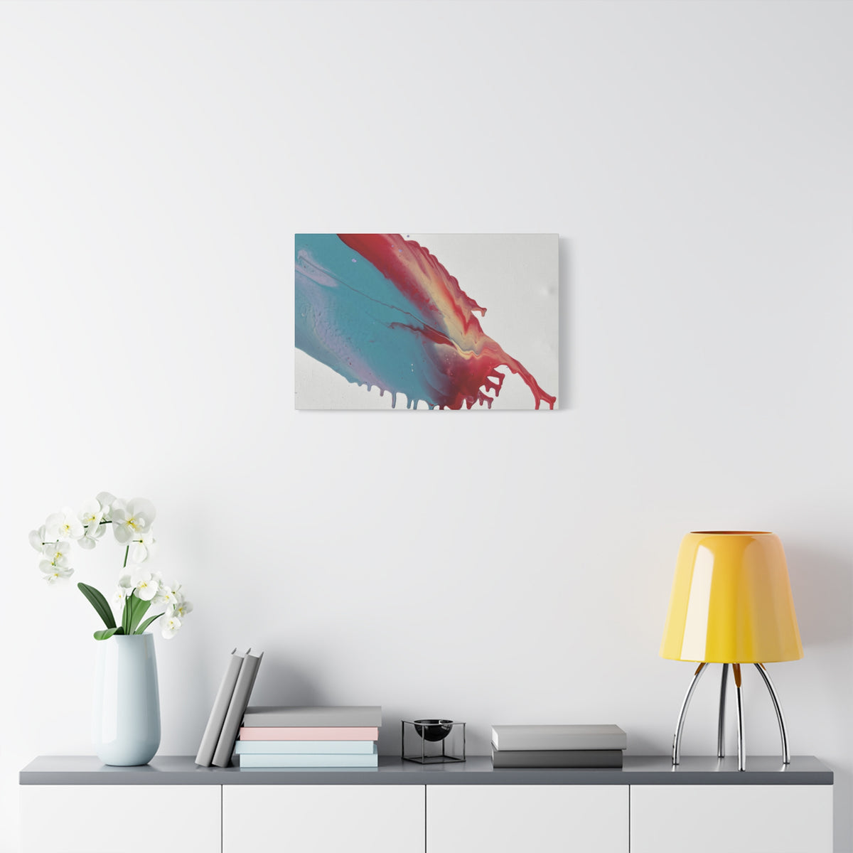 Ceiling Abstract Drip Matte Canvas Print (Blue & Red Fluid Art)