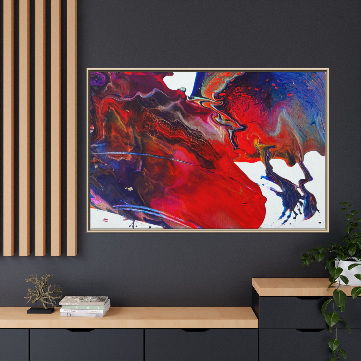 Universe Abstract Red & Blue Fluid Art Matte Canvas (Framed)