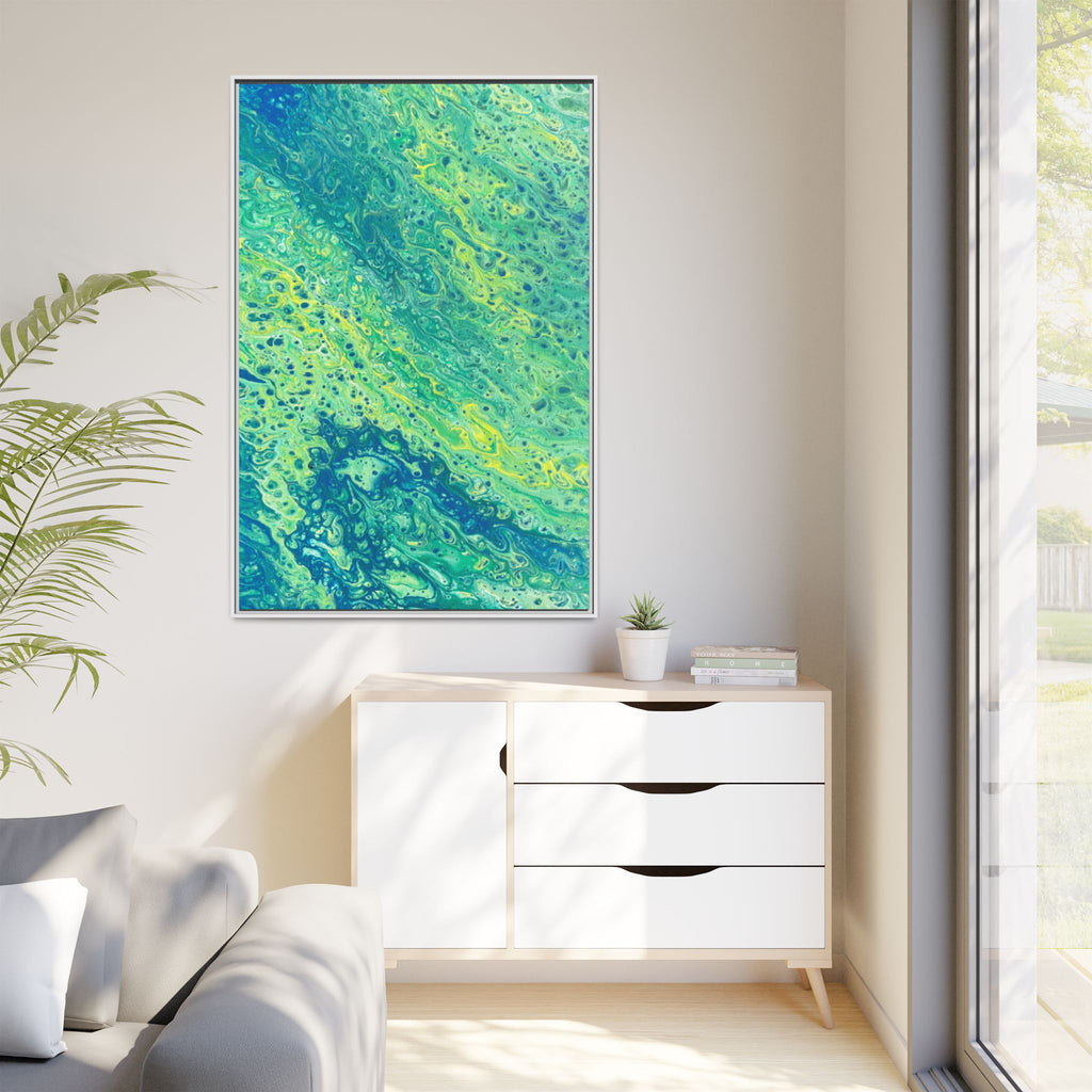 Abstract Teal & Lime Fluid Art Matte Canvas Print Framed Wall Art