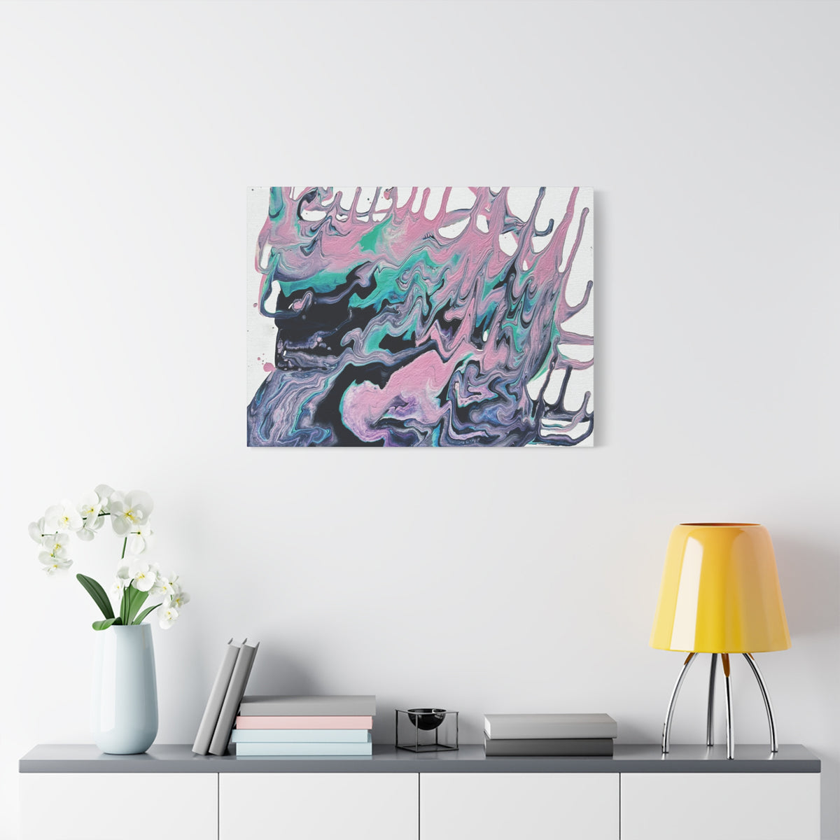 Dripping Abstract Pour Painting Canvas  Pink Teal Fluid Art Stretched Wall Decor