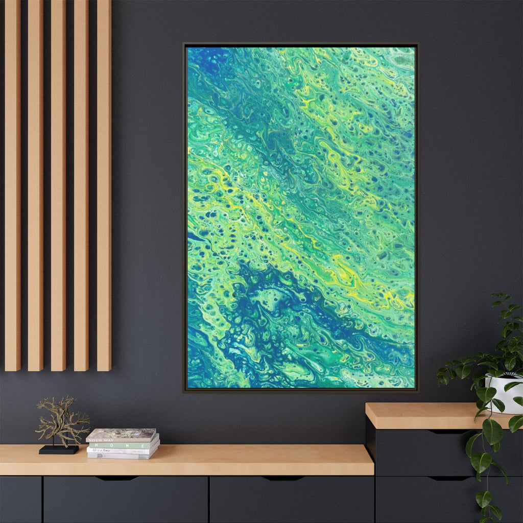 Abstract Teal & Lime Fluid Art Matte Canvas Print Framed Wall Art