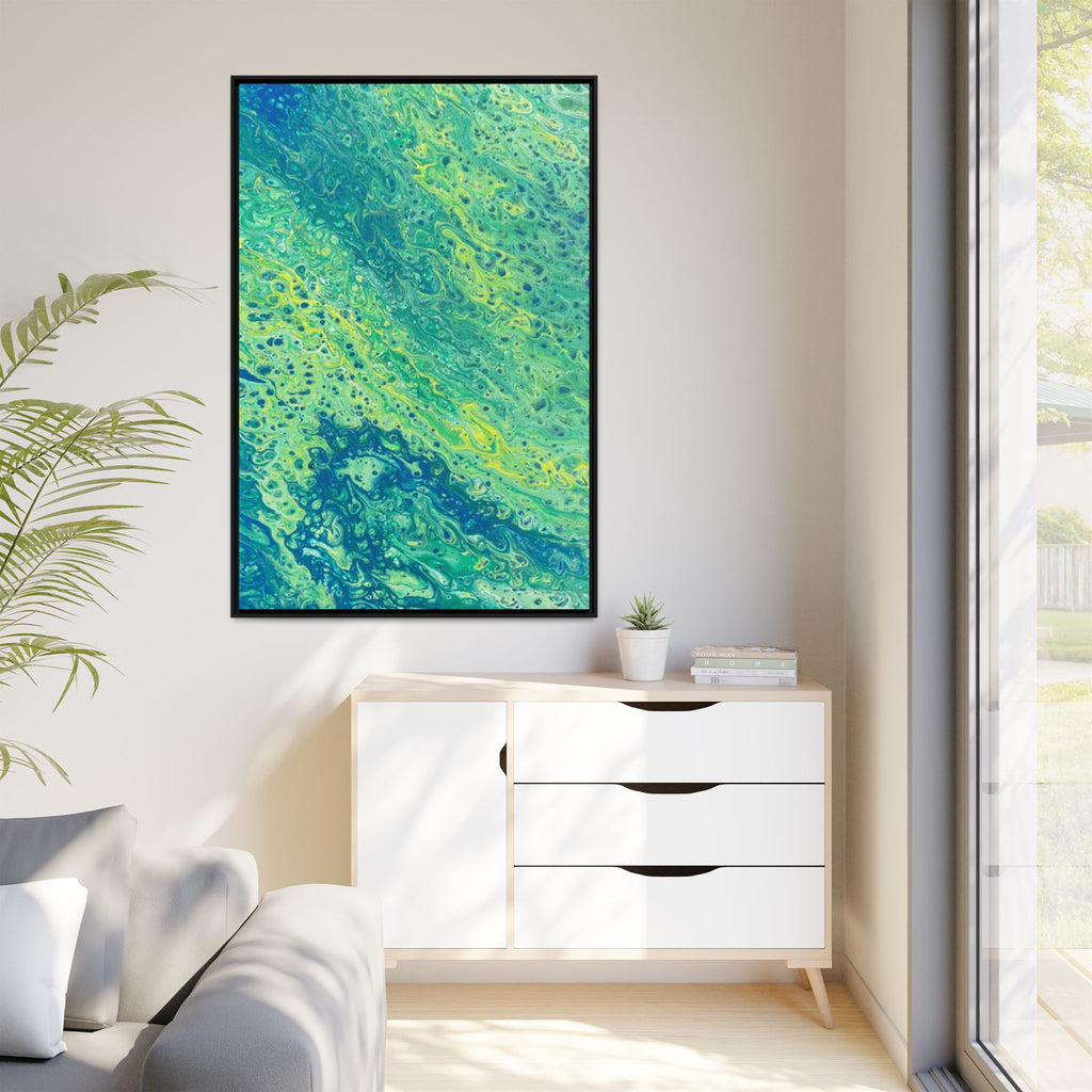 Abstract Teal & Lime Fluid Art Matte Canvas Print Framed Wall Art
