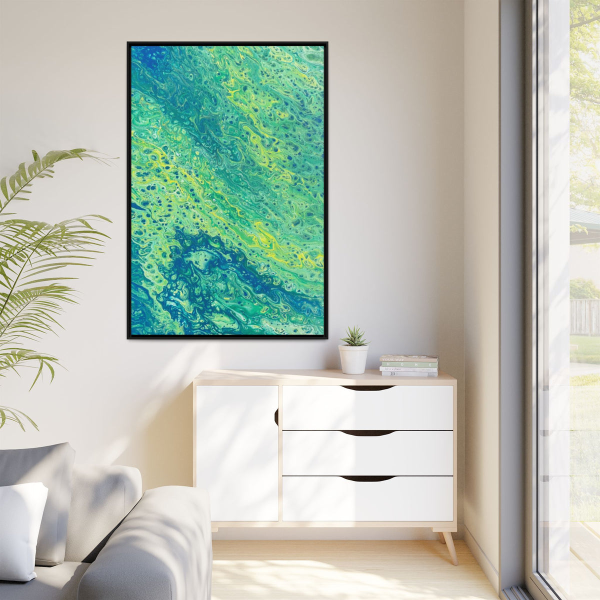 Abstract Teal & Lime Fluid Art Matte Canvas Print Framed Wall Art