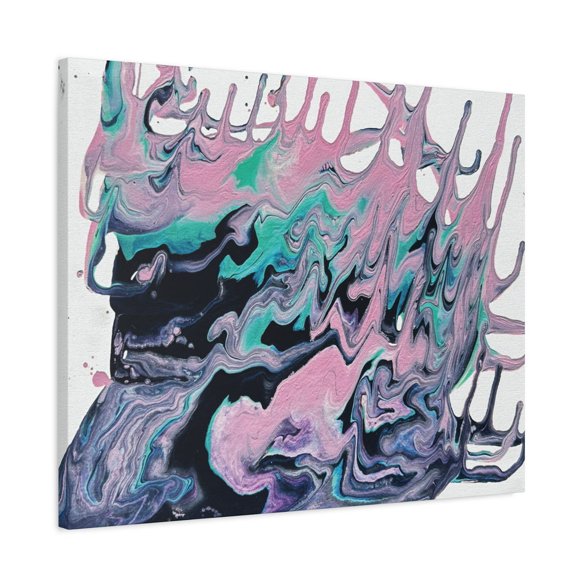 Dripping Abstract Pour Painting Canvas  Pink Teal Fluid Art Stretched Wall Decor