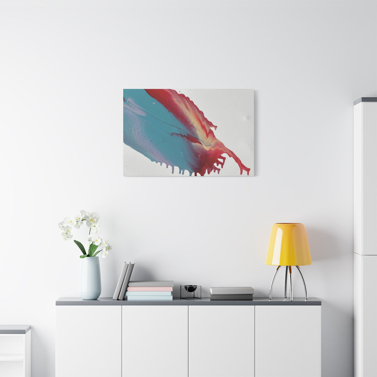 Ceiling Abstract Drip Matte Canvas Print (Blue & Red Fluid Art)