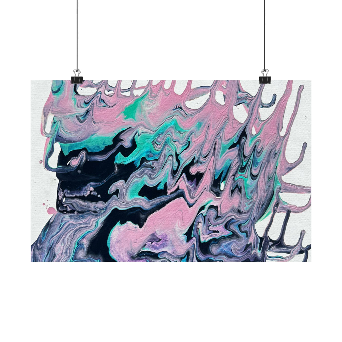 Abstract Fluid Art Poster Dripping Pink & Teal Matte Horizontal Print