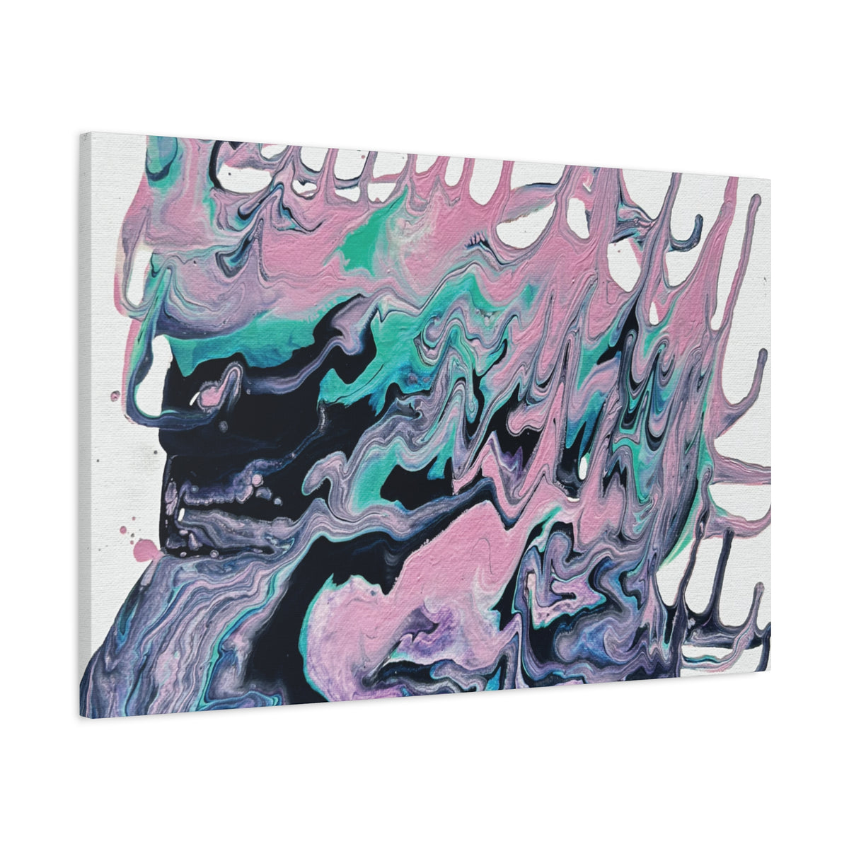 Dripping Abstract Pour Painting Canvas  Pink Teal Fluid Art Stretched Wall Decor
