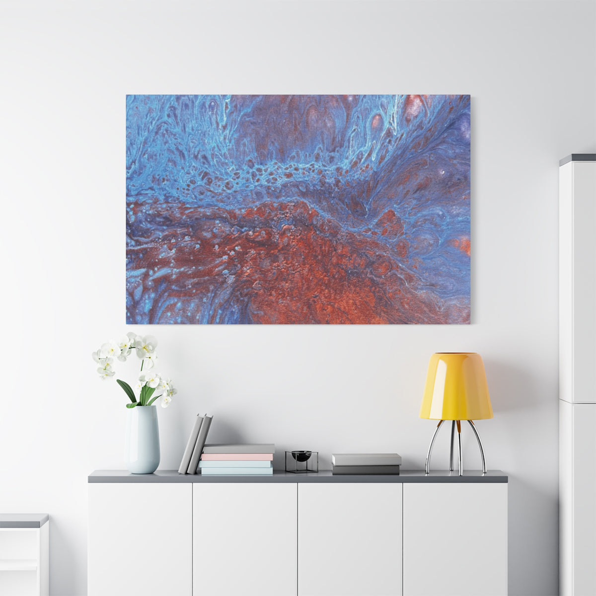 Abstract Blue & Rust Fluid Art Matte Canvas Wave Stretched Wall Art