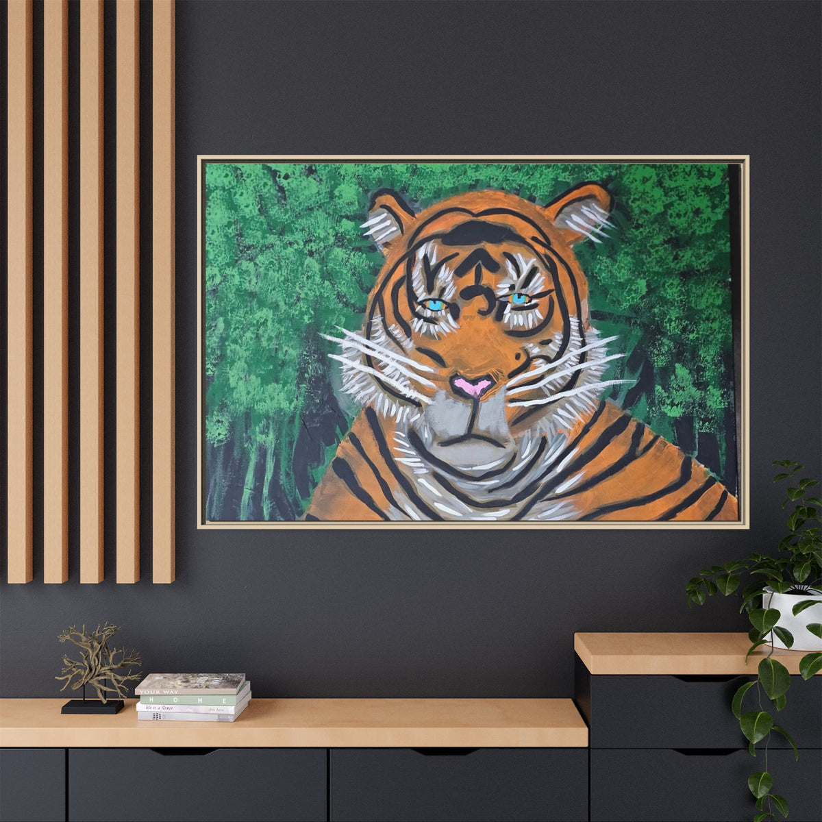 Framed Matte Canvas Tiger Portrait Whimsical Jungle Wall Art