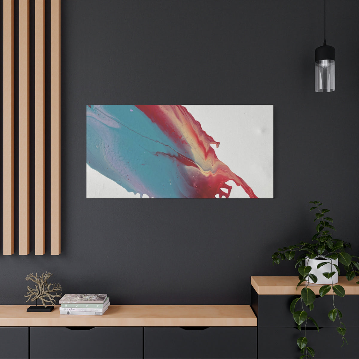 Ceiling Abstract Drip Matte Canvas Print (Blue & Red Fluid Art)