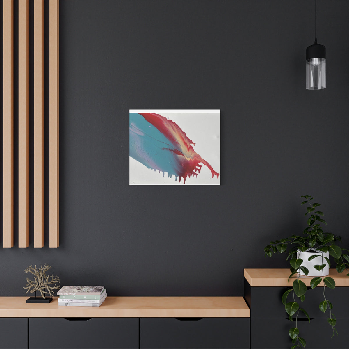 Ceiling Abstract Drip Matte Canvas Print (Blue & Red Fluid Art)