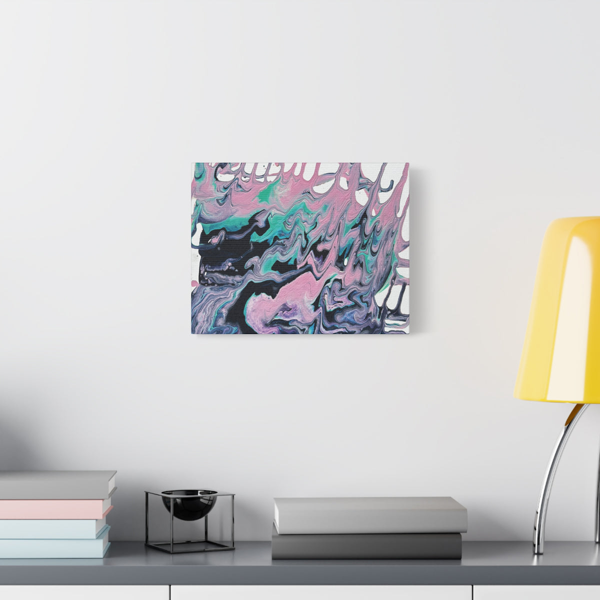 Dripping Abstract Pour Painting Canvas  Pink Teal Fluid Art Stretched Wall Decor