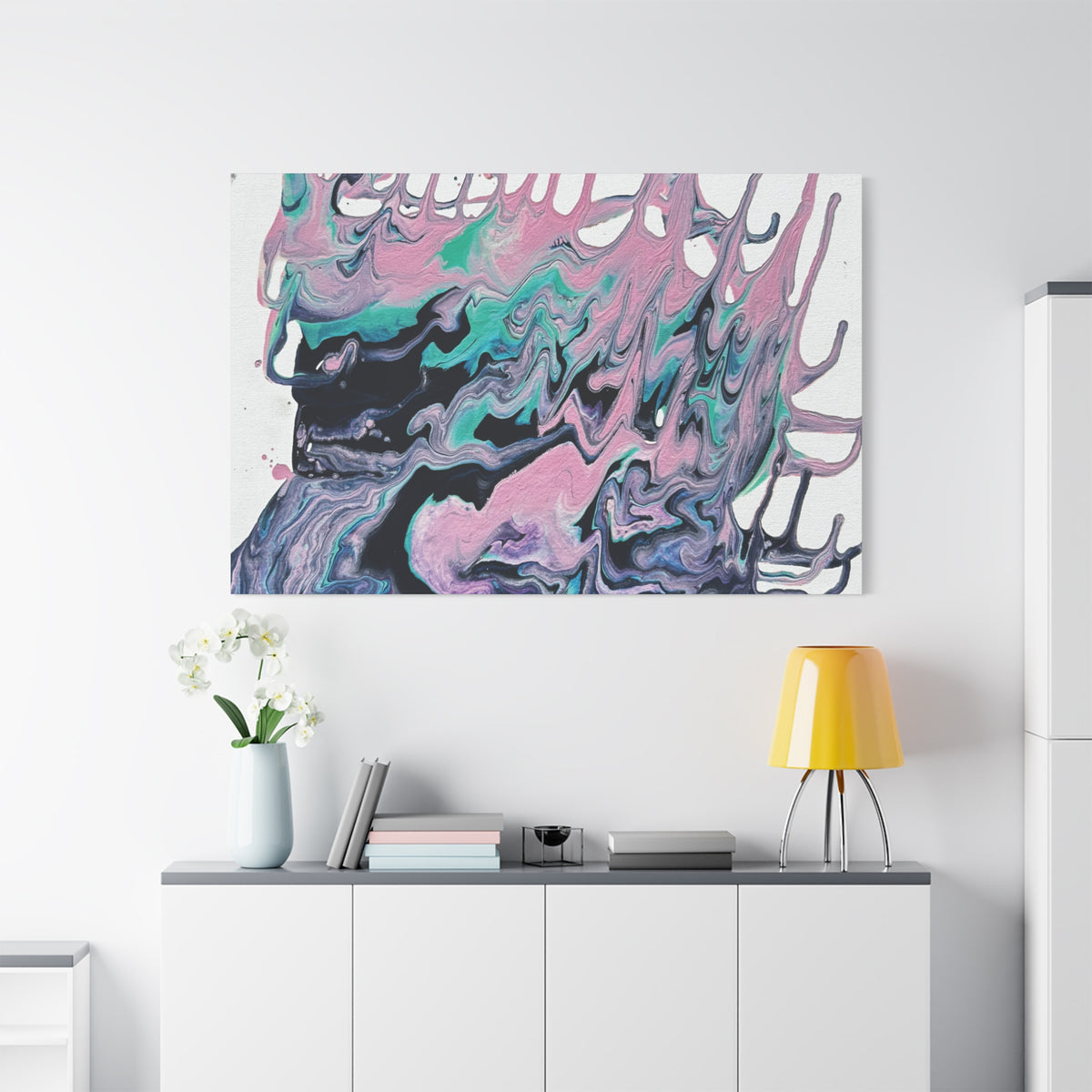 Dripping Abstract Pour Painting Canvas  Pink Teal Fluid Art Stretched Wall Decor